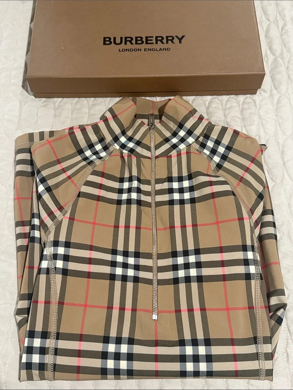 Burberry Beige Vintage Check Zip Neck Top